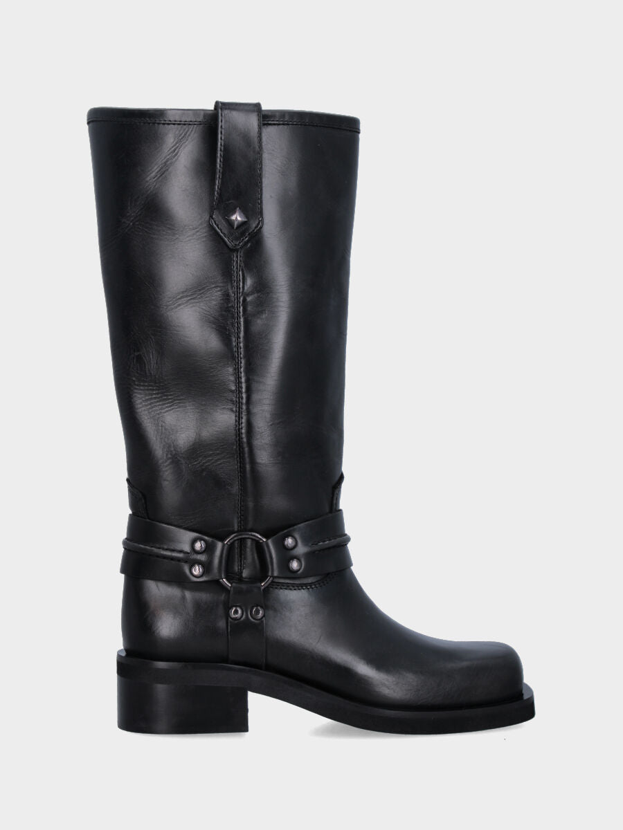 Stivale camperos in vitello nero con cavigliera e punta quadrata