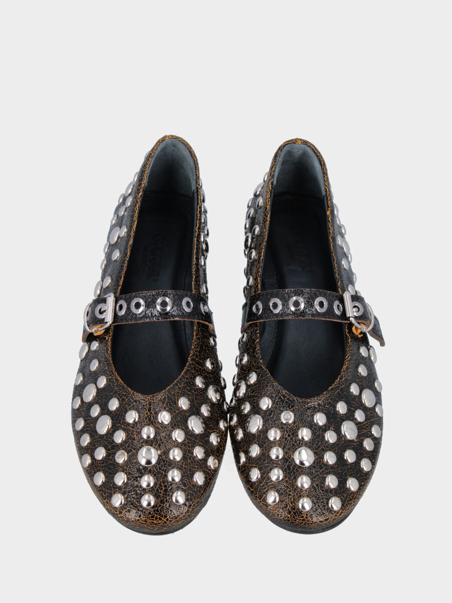 Ballerina Mary Jane in vernice testa di moro con borchiette