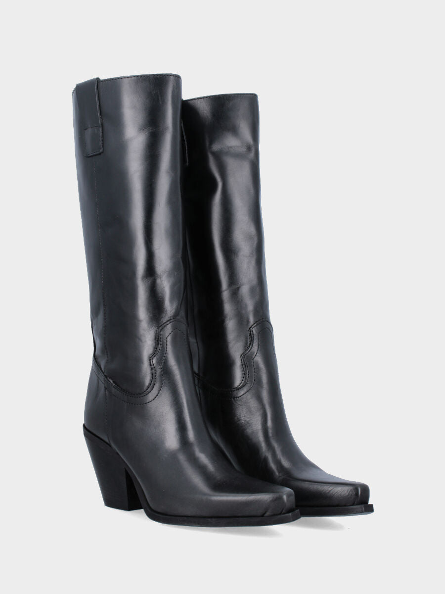 Stivale camperos in vitello nero con tacco conico