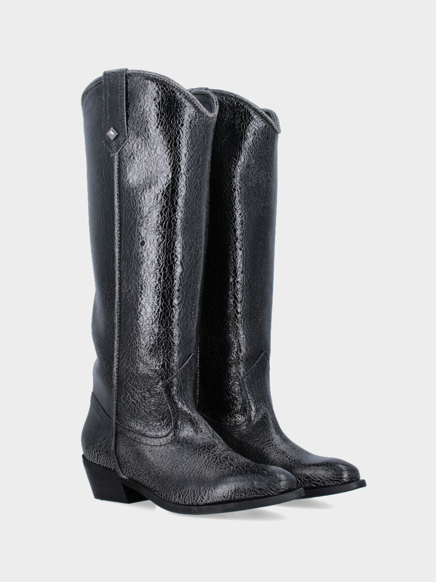 Stivale camperos in vitello nero con tiranti laterali