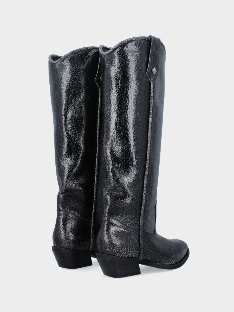 Stivale camperos in vitello nero con tiranti laterali