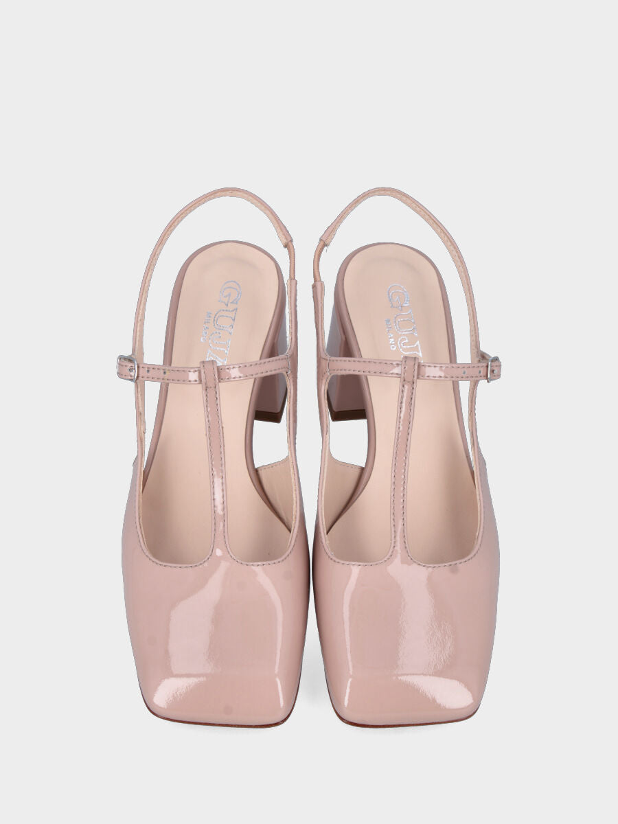 Slingback in vernice nude con cinturino charleston e tacco a blocco
