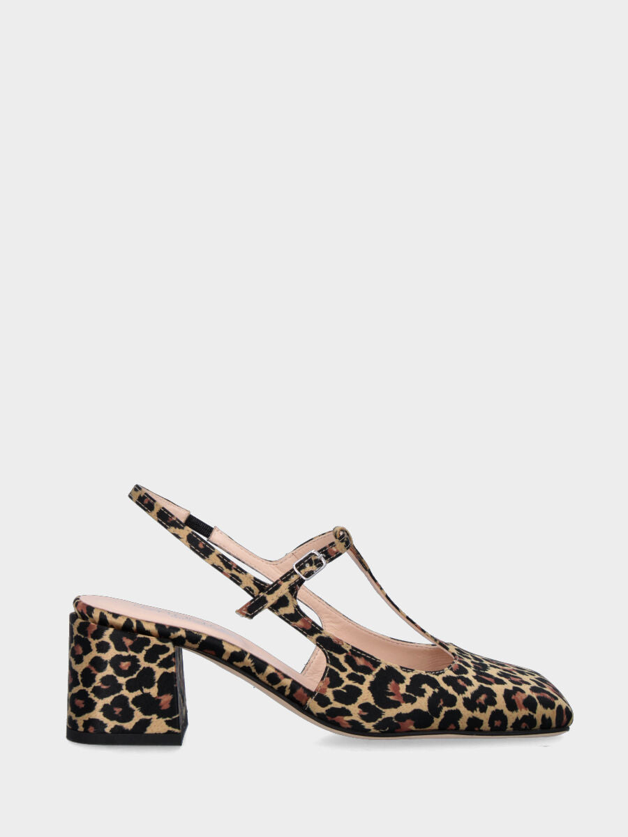 Slingback in tessuto leopardato con cinturino a T e tacco a blocco