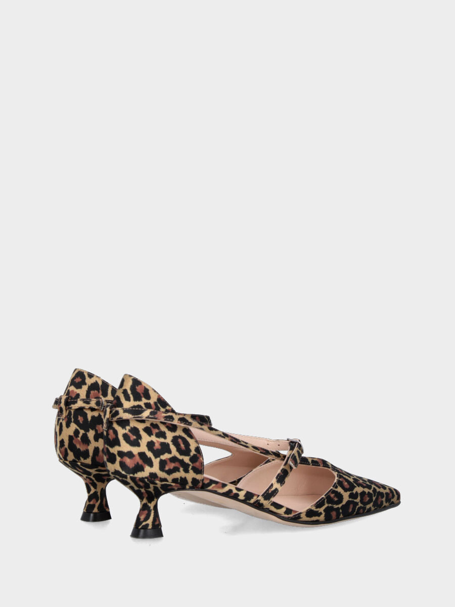 Décolleté in tessuto leopardato con cinturini asimmetrici