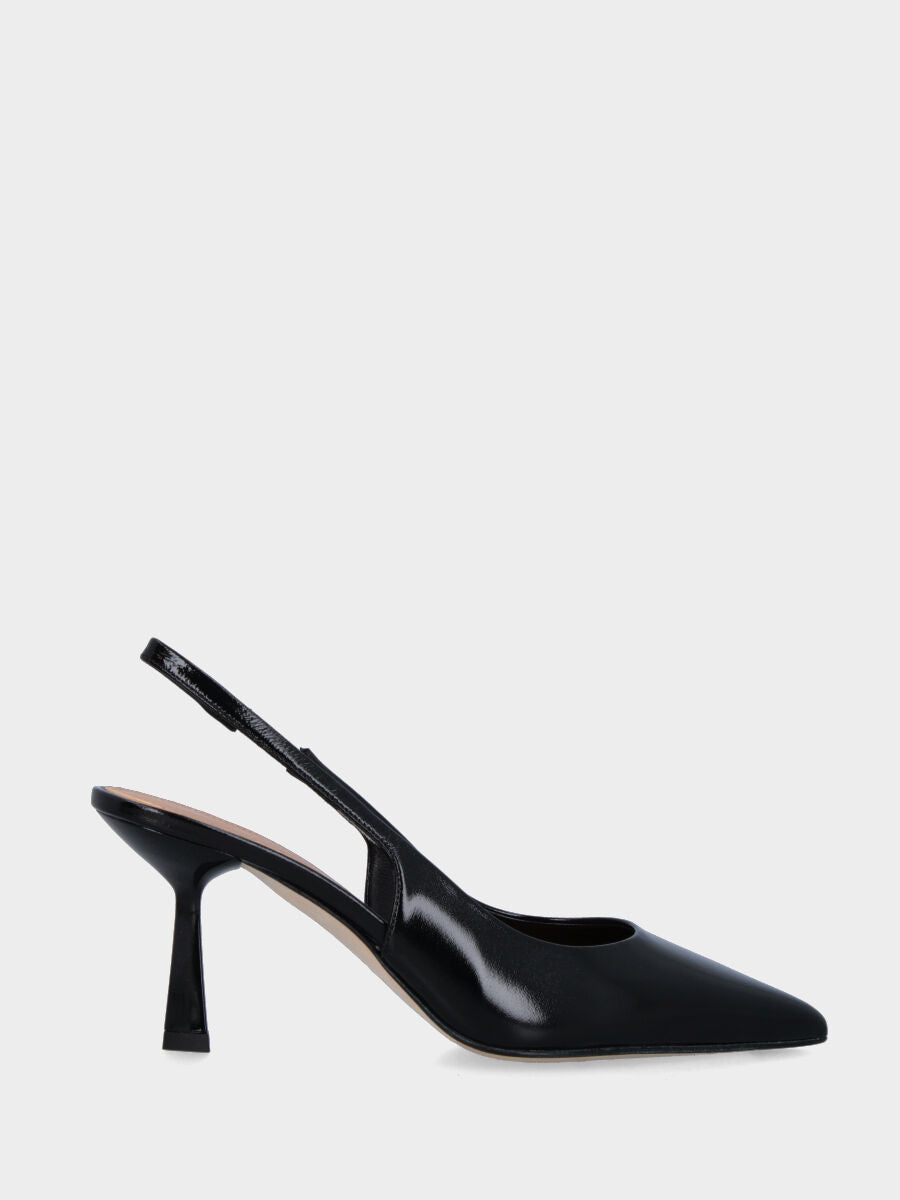 Slingback in verlux nero con tacco a calice e scollo tondo