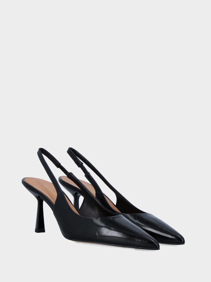 Slingback in verlux nero con tacco a calice e scollo tondo