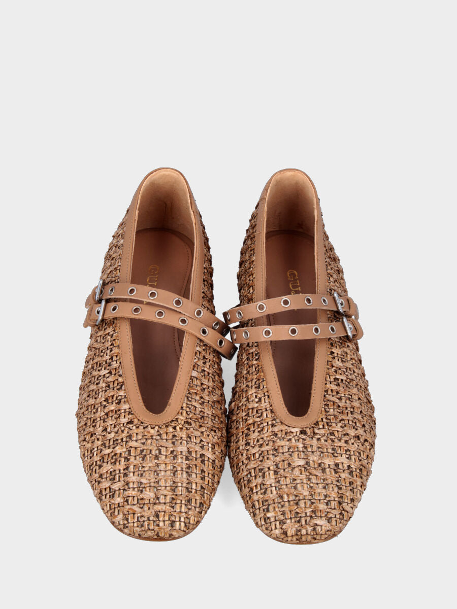 Ballerina Mary Jane in rafia color cuoio con doppi cinturini borchiati