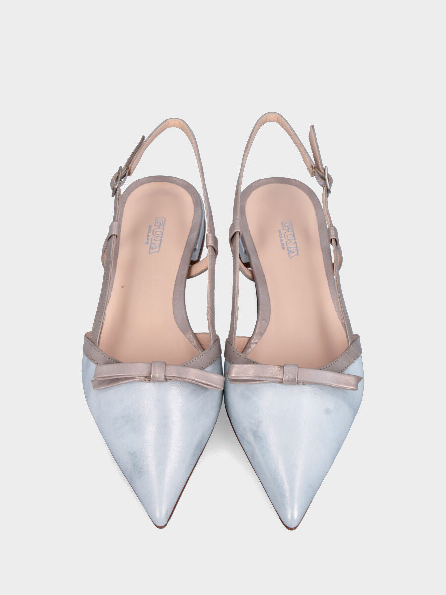Slingback in laminato bicolore argento e bronzo con fiocchetto
