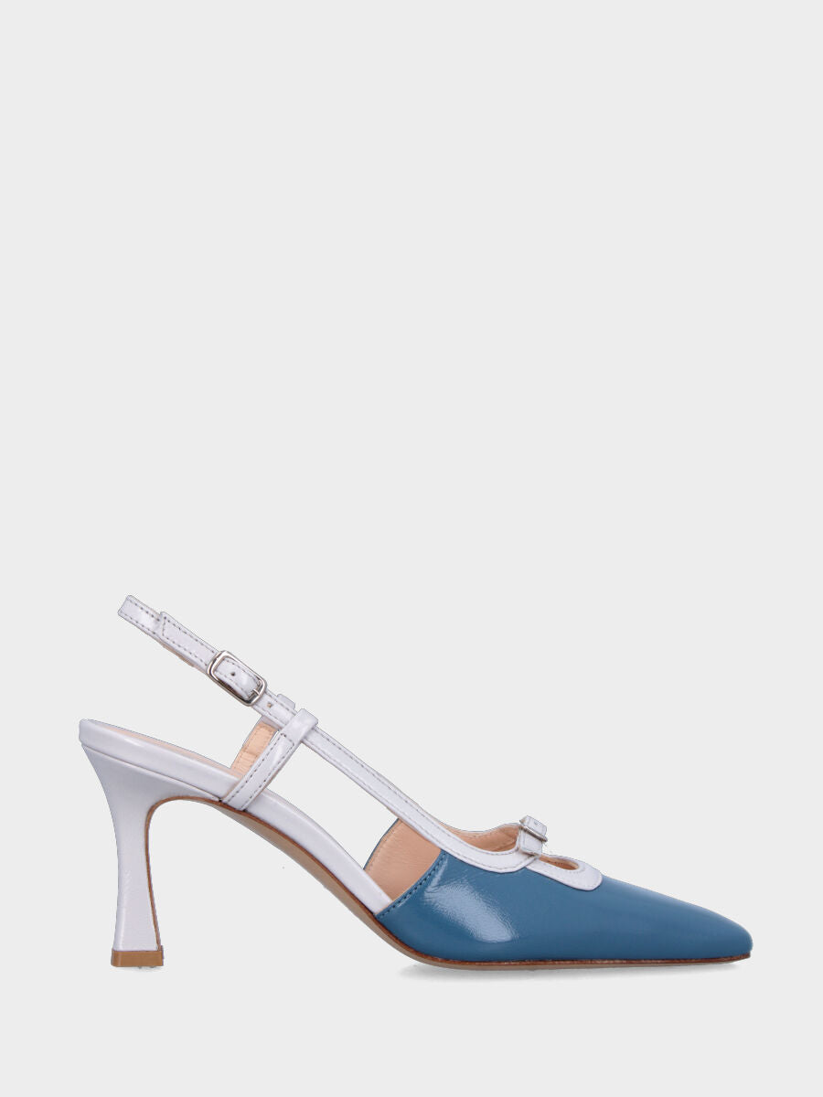 Slingback in verlux bicolore bianco e azzurro con cinturino regolabile
