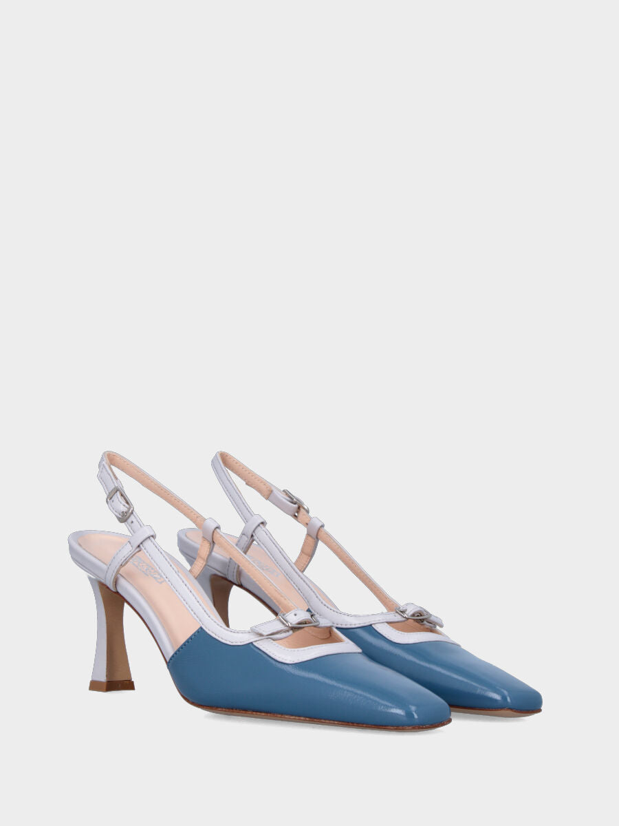 Slingback in verlux bicolore bianco e azzurro con cinturino regolabile