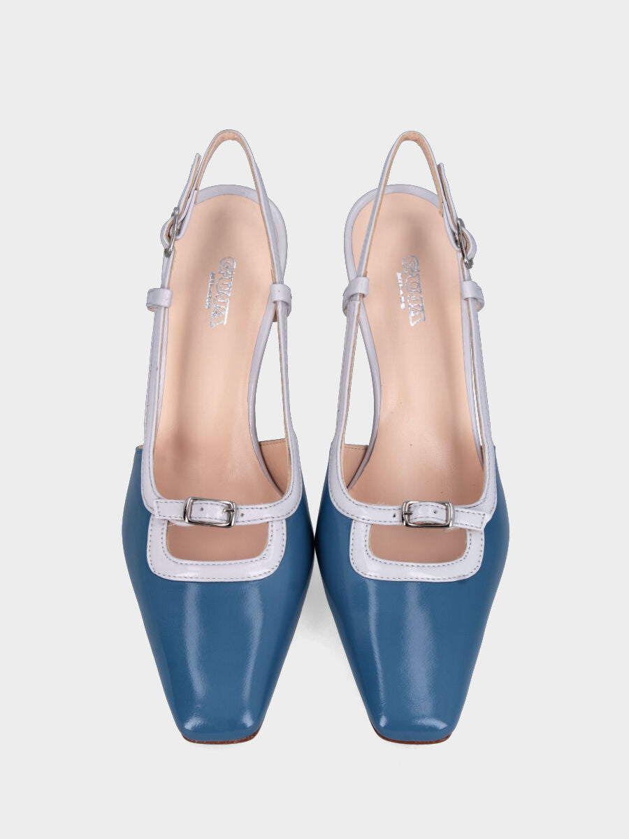 Slingback in verlux bicolore bianco e azzurro con cinturino regolabile