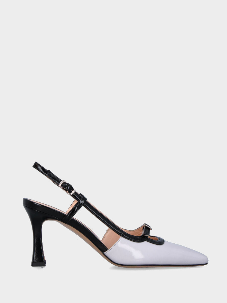 Slingback in verlux bicolore bianco e nero con cinturino regolabile