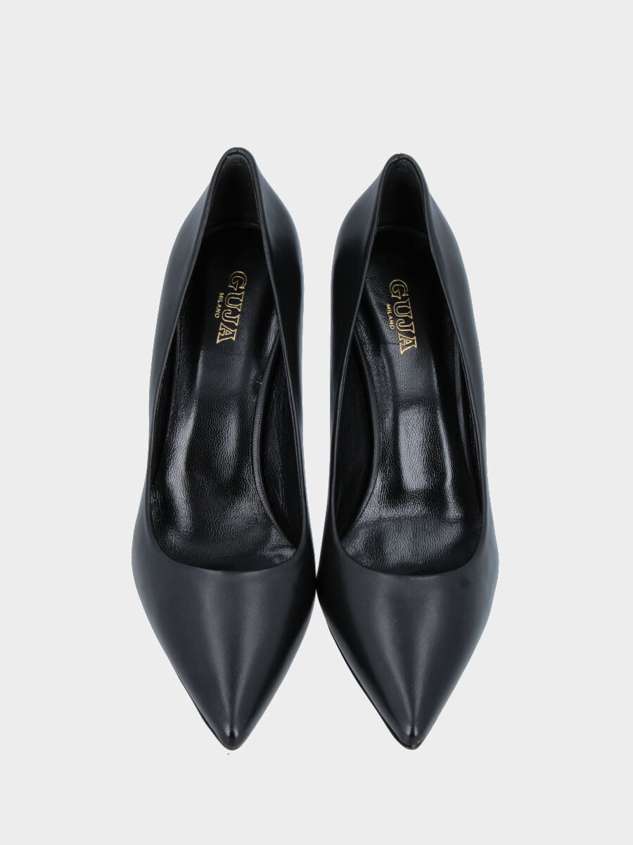 Décolleté in nappa nera con tacco a goccia e scollo tondo cucito