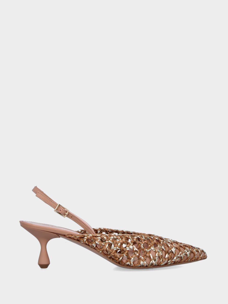 Slingback in rafia beige intrecciata e traforata con tacco a calice
