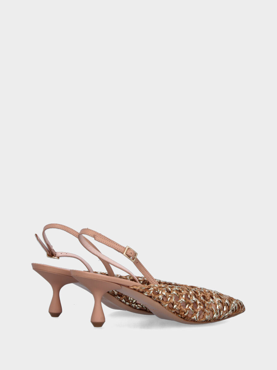 Slingback in rafia beige intrecciata e traforata con tacco a calice
