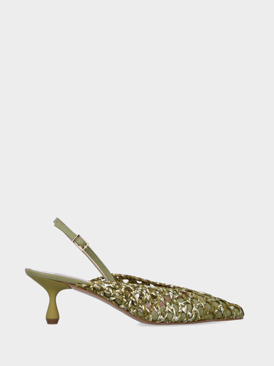 Slingback in rafia verde intrecciata e traforata con tacco a calice