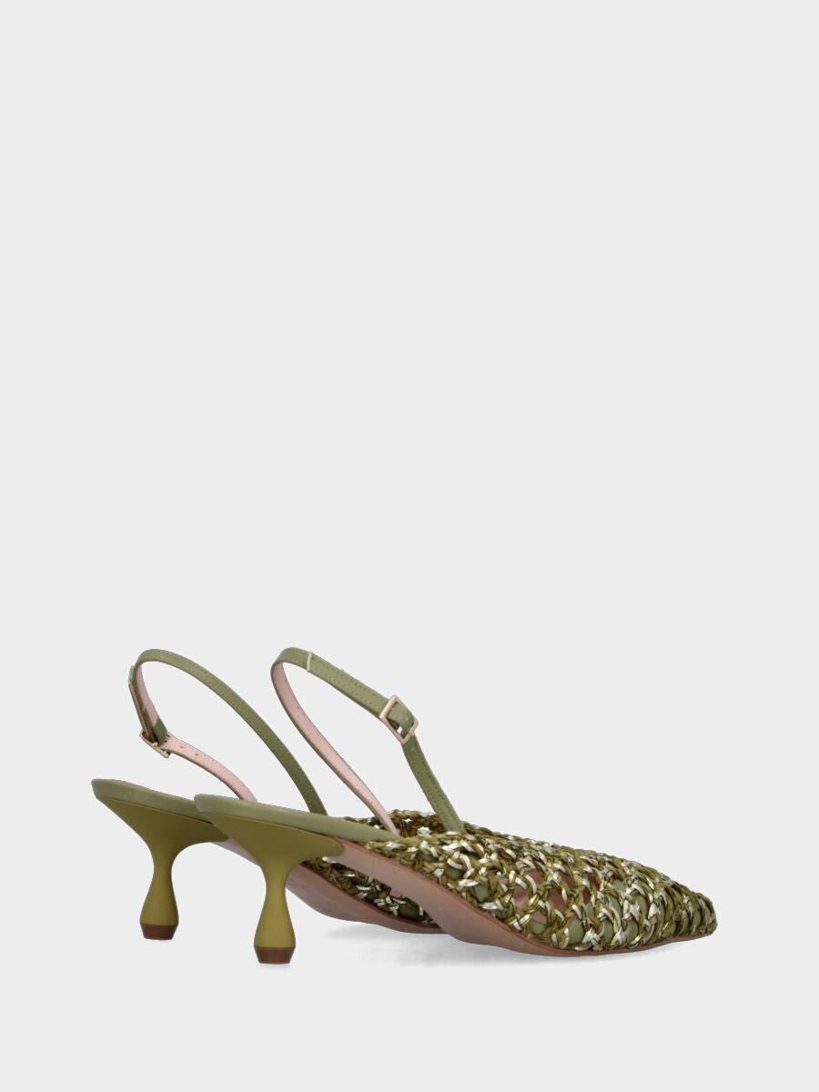 Slingback in rafia verde intrecciata e traforata con tacco a calice