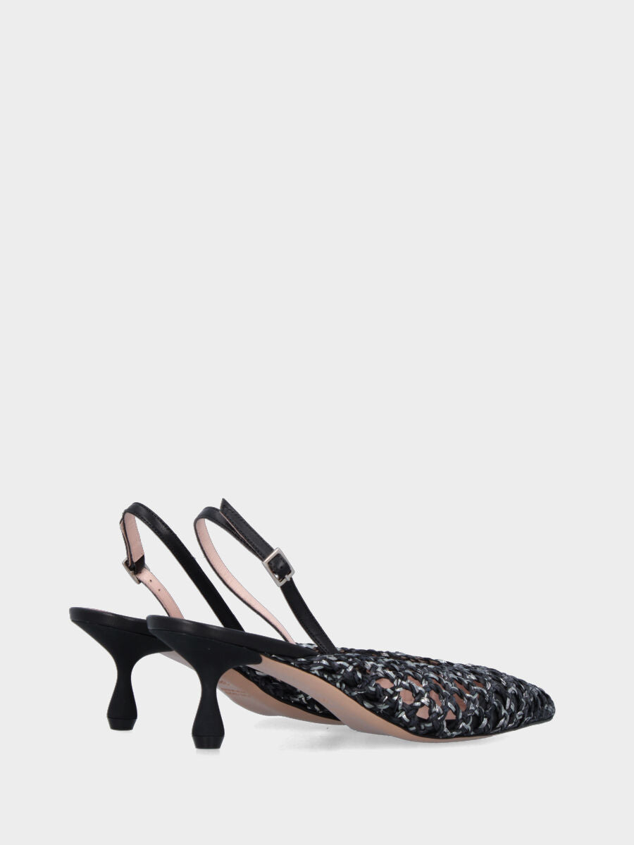 Slingback in rafia nera intrecciata e traforata con tacco a calice