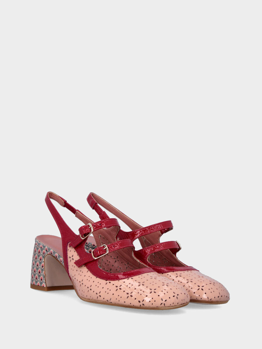 Slingback en naplak couleur nude avec brides rouges et bout rond