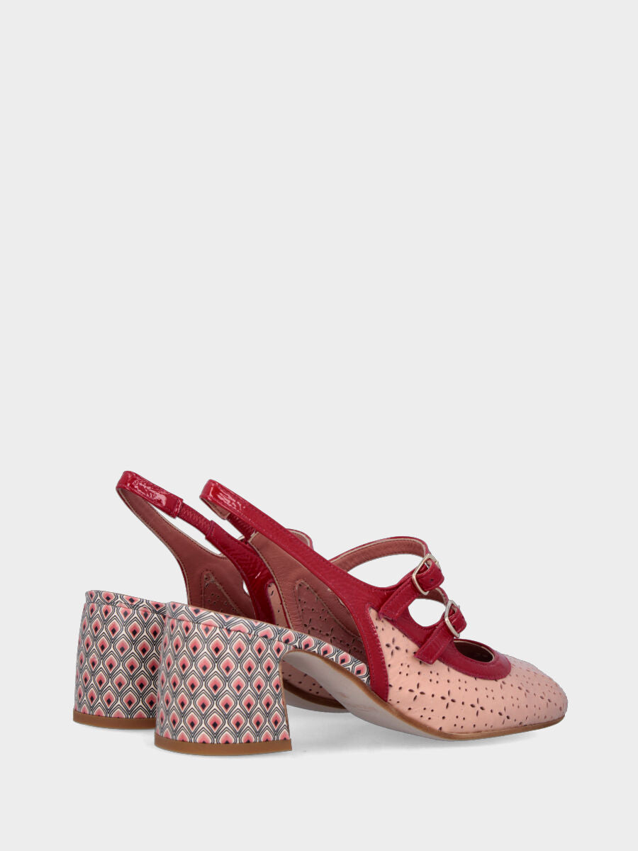 Slingback en naplak couleur nude avec brides rouges et bout rond