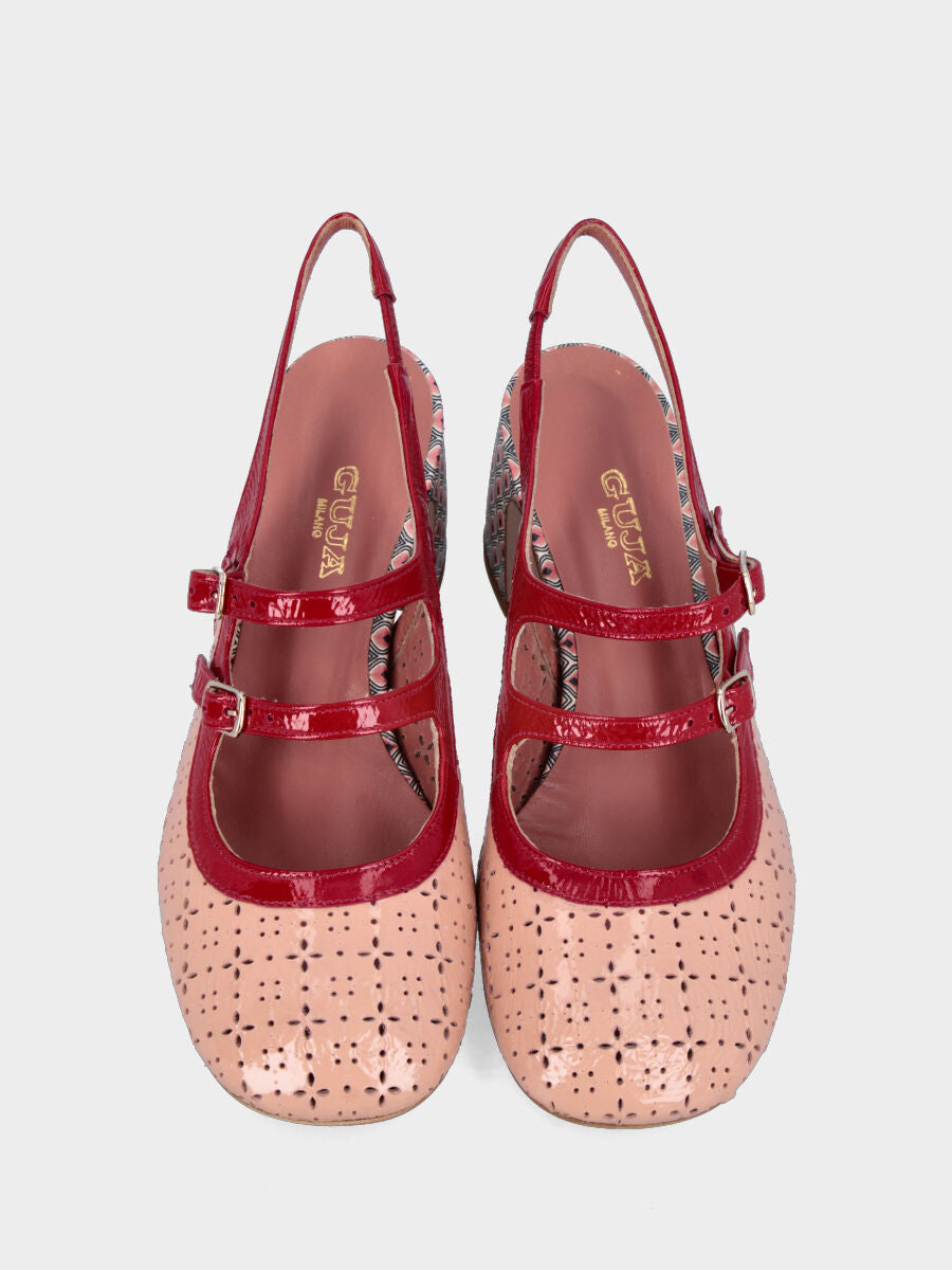 Slingback en naplak couleur nude avec brides rouges et bout rond