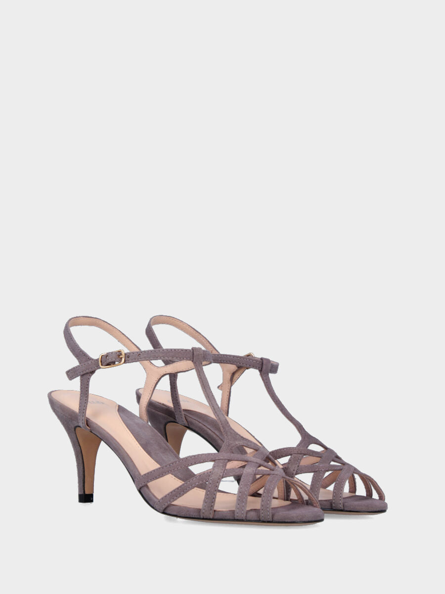 Sandalo in camoscio lavanda con listini incrociati e tacco a blocco