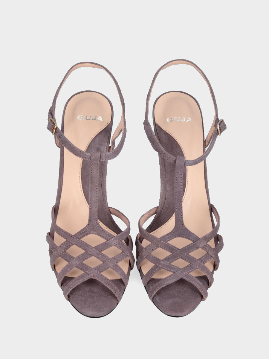 Sandalo in camoscio lavanda con listini incrociati e tacco a blocco