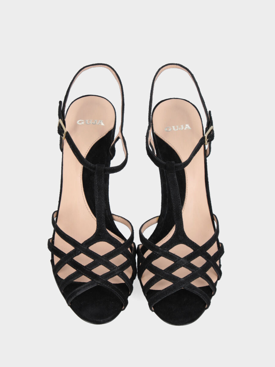 Sandalo in camoscio nero con listini incrociati e tacco a blocco