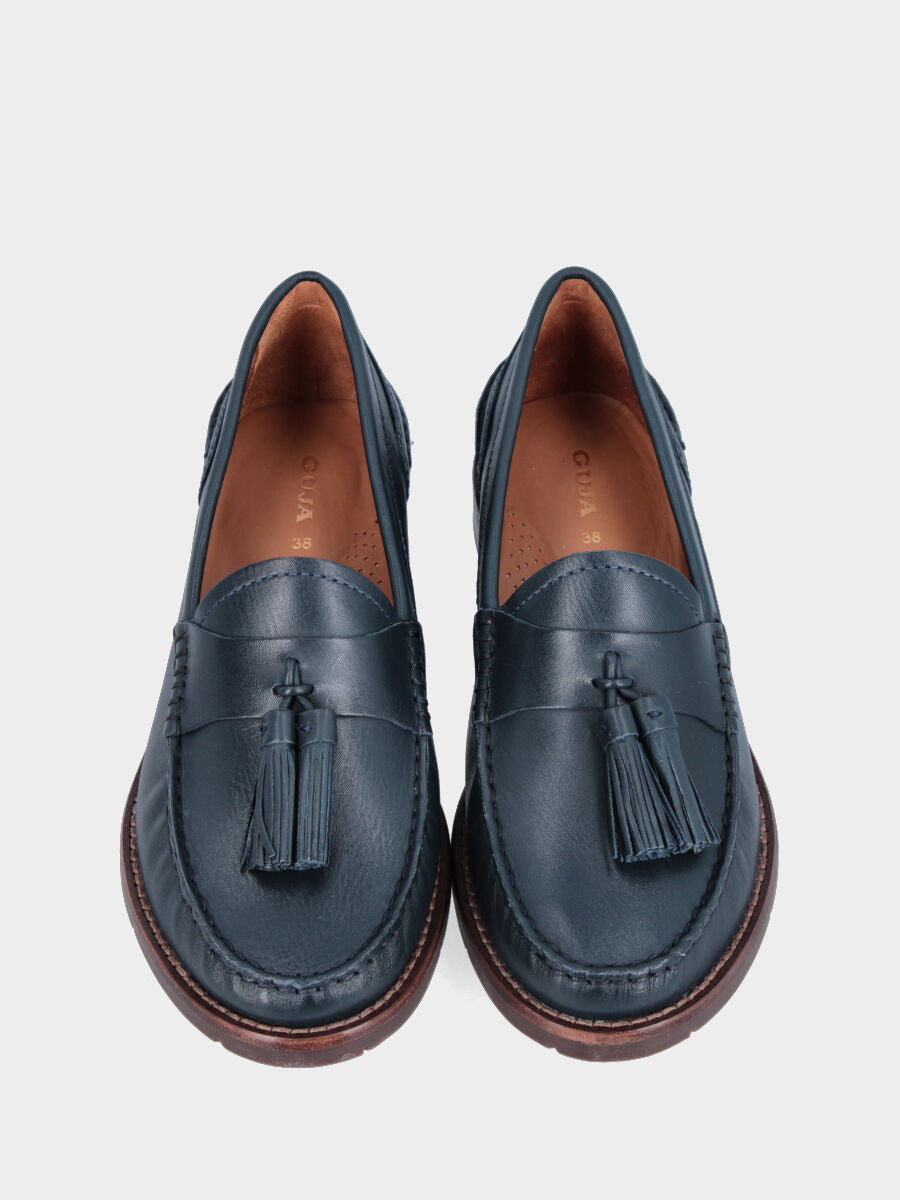 Mocassino in vitello blu con vaschetta cucita in cresta e nappine
