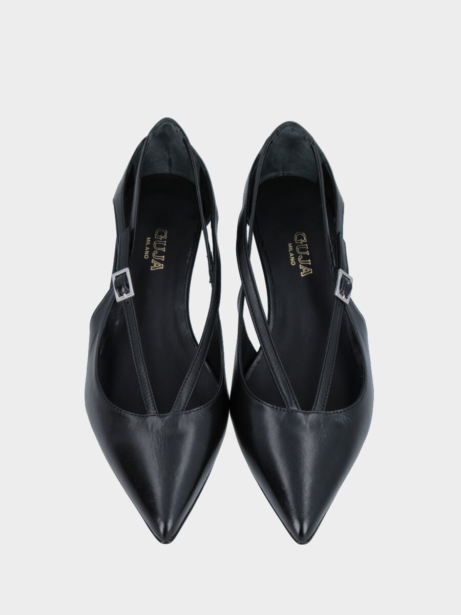 Décolleté in nappa nera con cinturini incrociati e tacco a calice