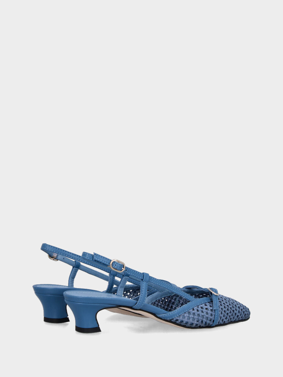 Slingback in rafia color jeans con cinturino e tacco a coda