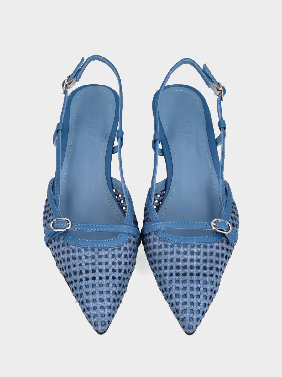 Slingback in rafia color jeans con cinturino e tacco a coda