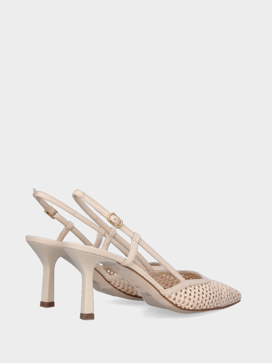 Slingback en nappa beige et raphia tressé avec talon calice