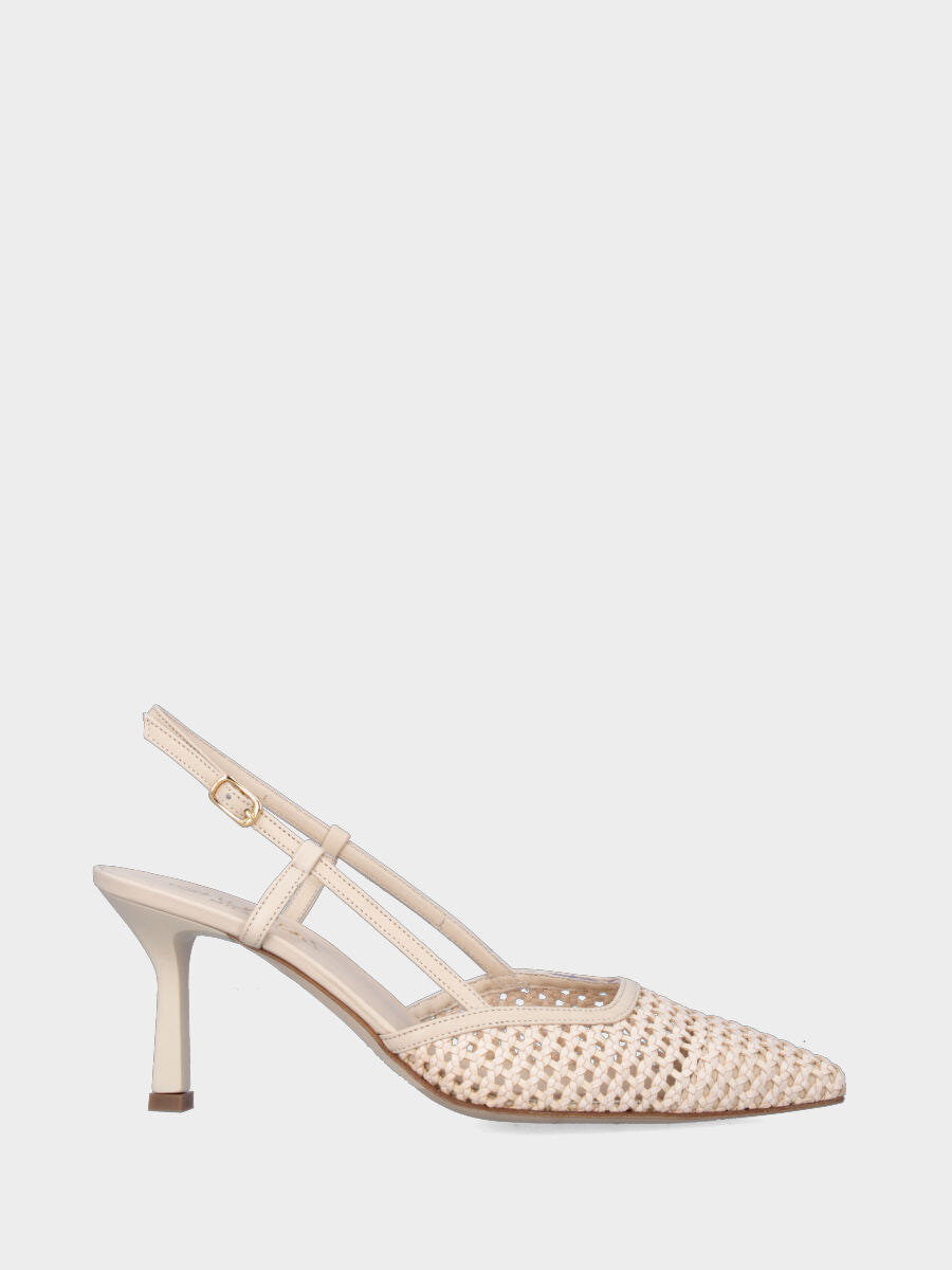 Slingback en nappa beige et raphia tressé avec talon calice