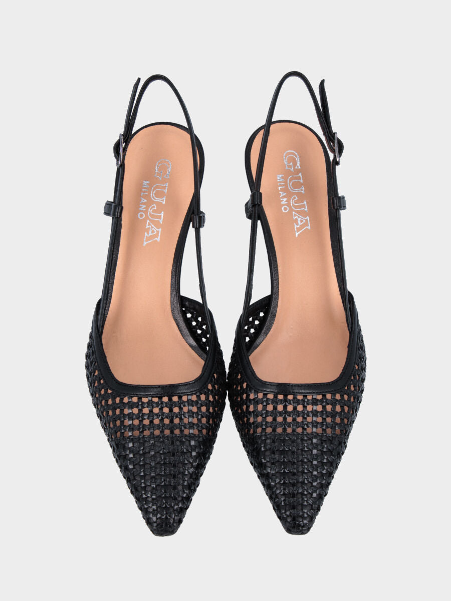 Slingback in nappa nera e rafia intrecciata con tacco a calice