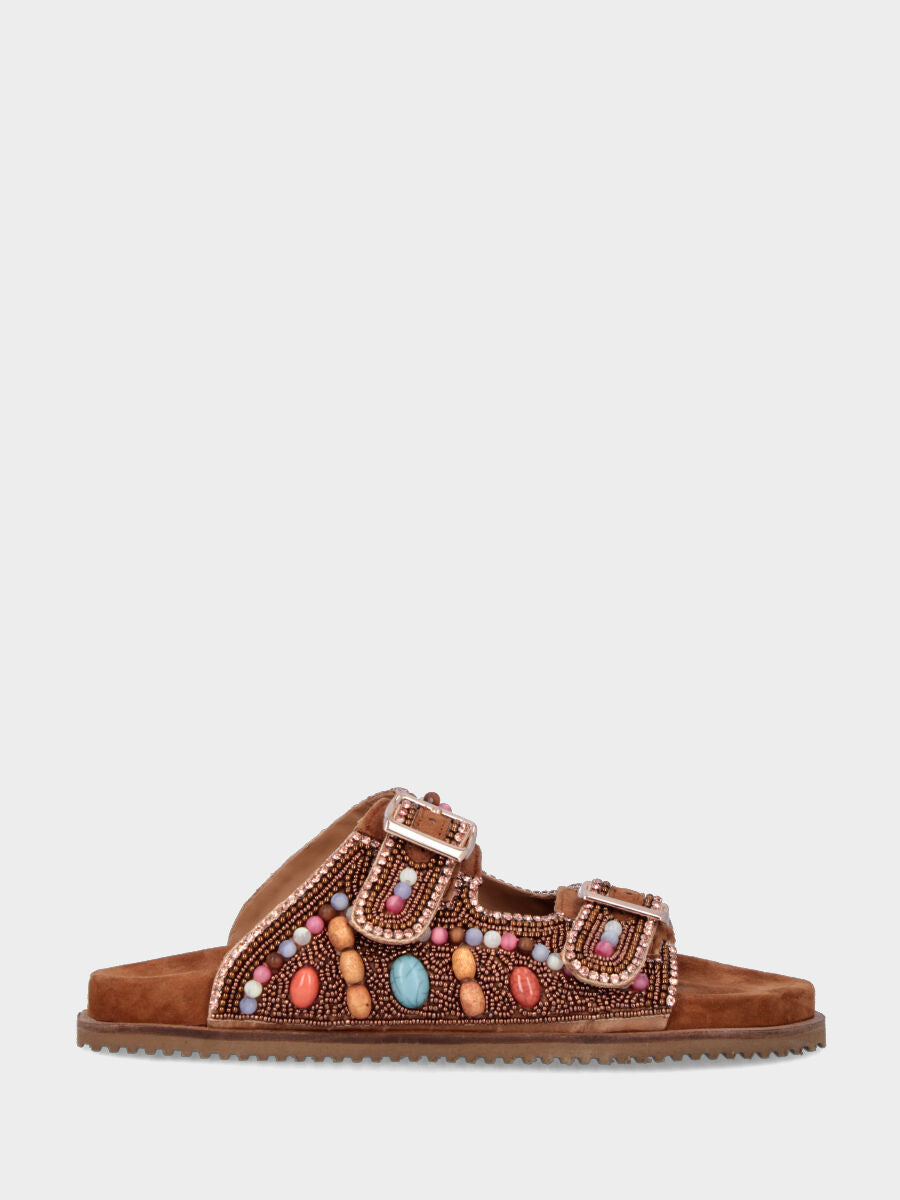 Ciabatta in camoscio multicolor sui toni del marrone con cinturini e perline