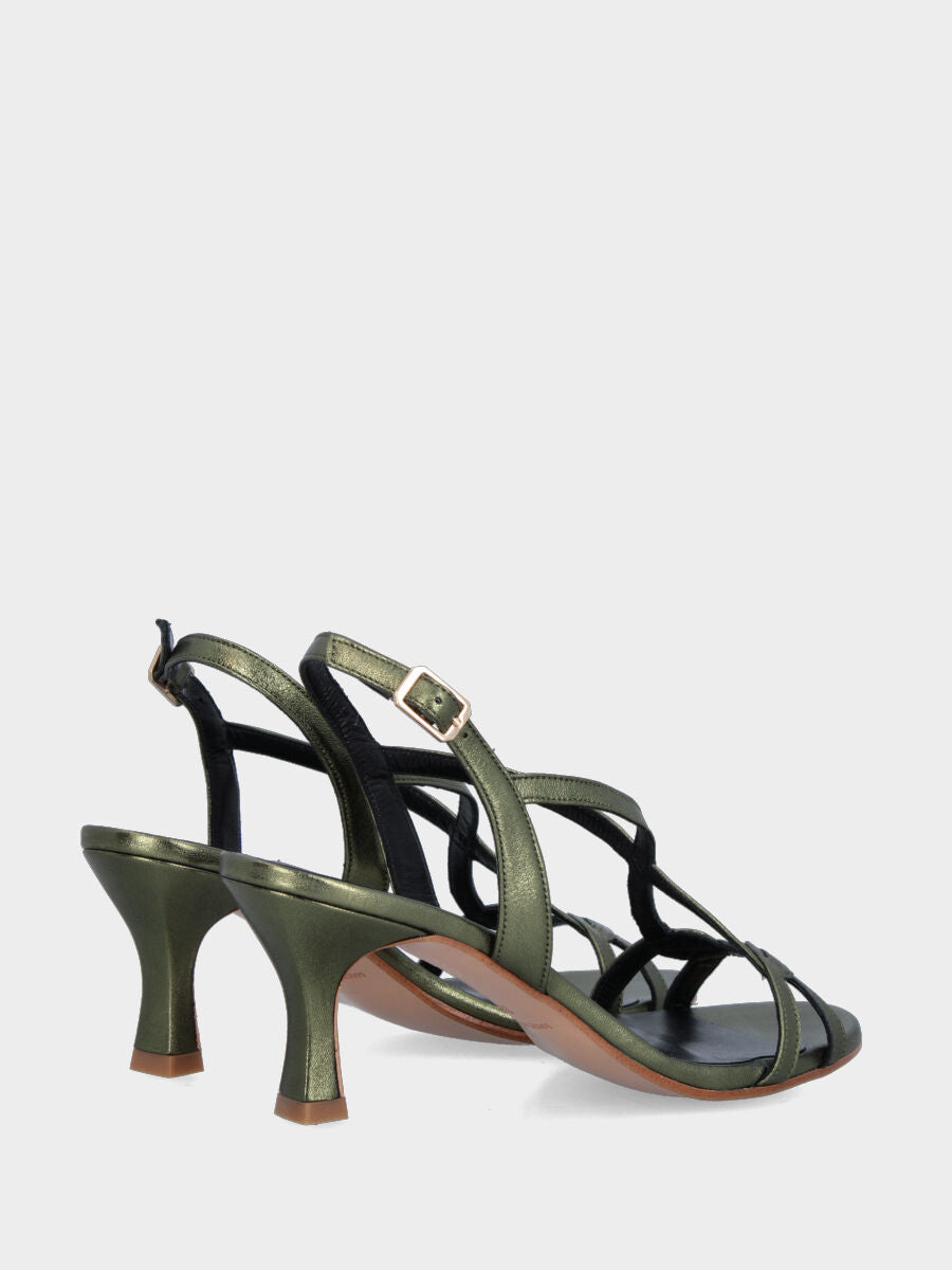 Sandalo in laminato verde con listini arcuati e tacco a calice