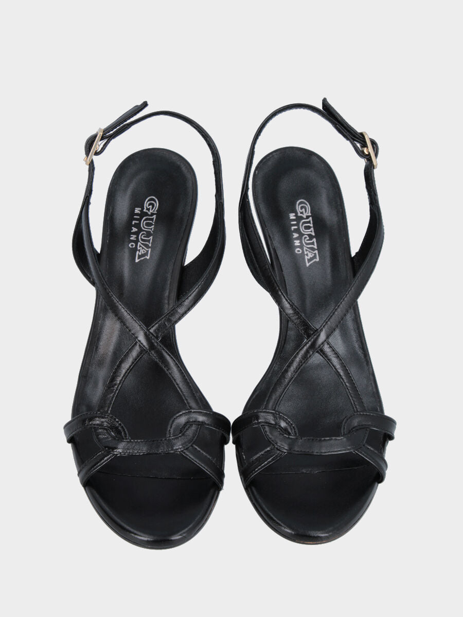 Sandalo in vitello nero con listini arcuati e tacco a calice