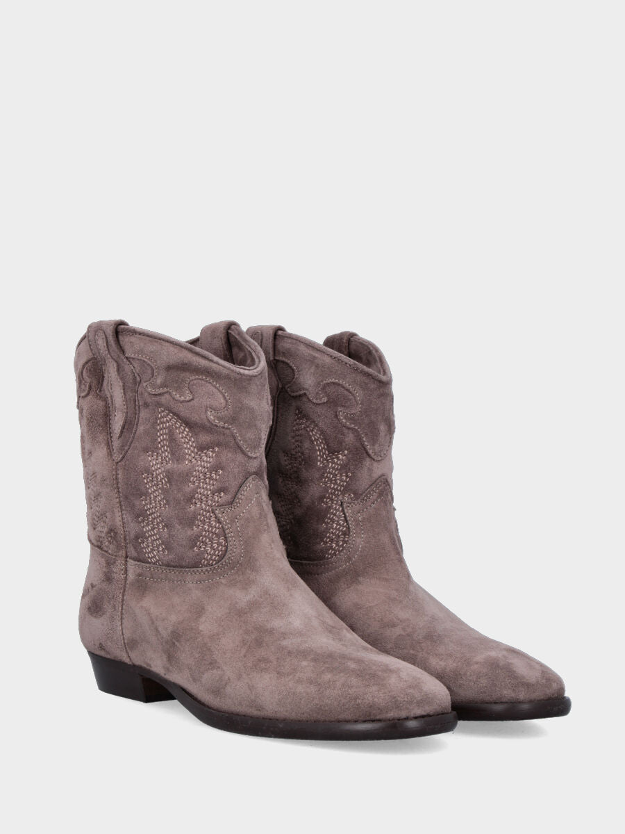 Camperos a stivaletto in velour taupe con ricami fiammati