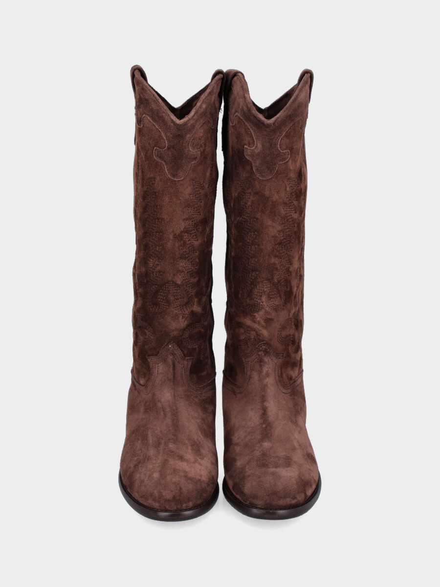 Camperos in velour testa di moro con ricami fiammati e gambale a tubo