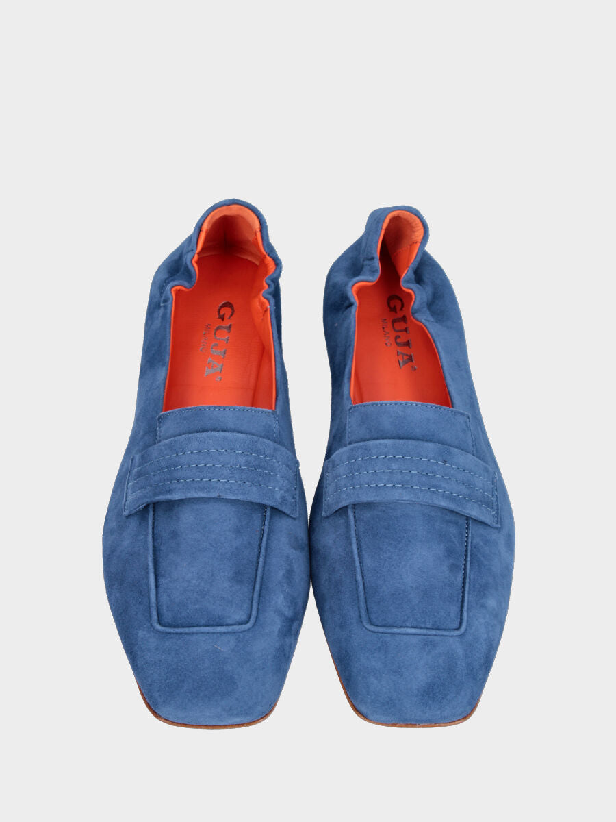 Mocassino in camoscio color jeans con mascherina e cuciture a contrasto