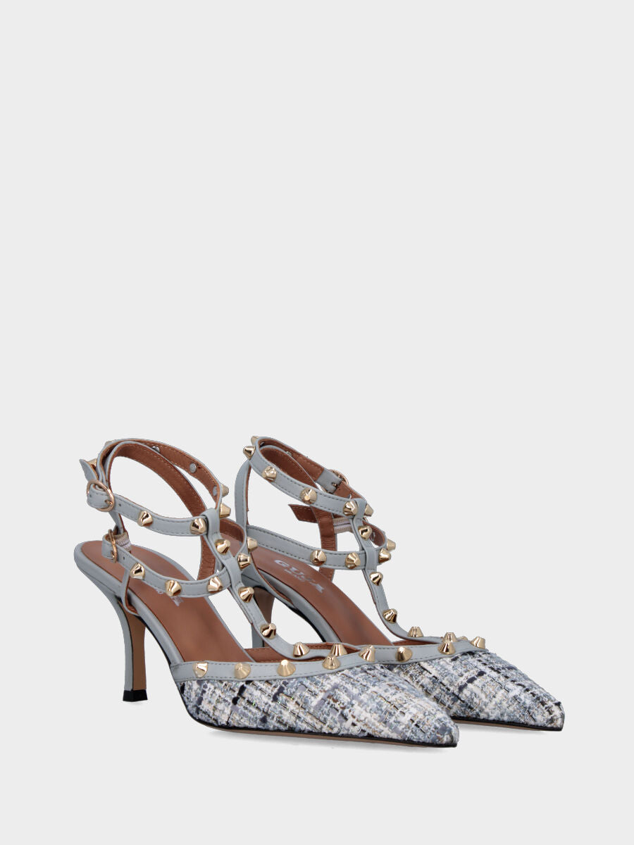 Slingback multicolor nei toni del grigio con borchie e tacco a calice