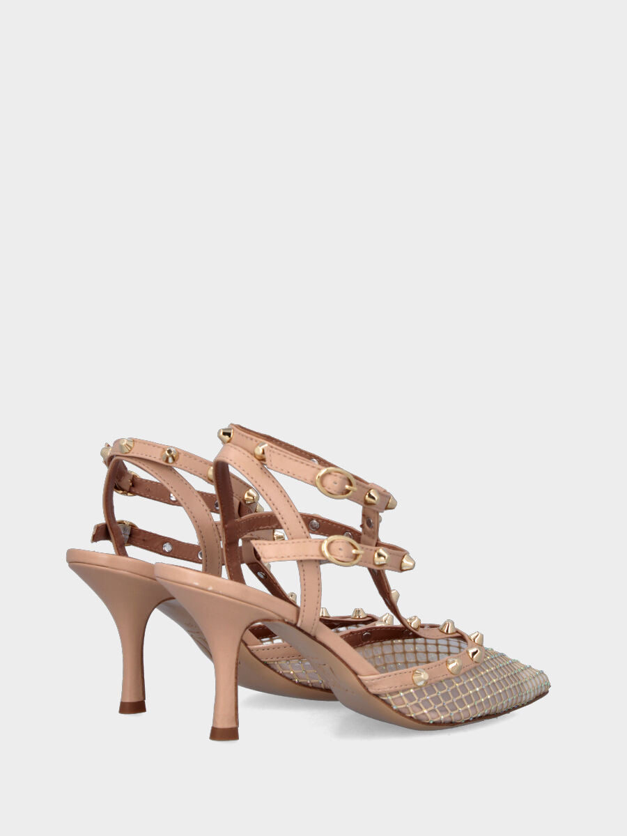 Slingback in tessuto nude con borchie e brillantini