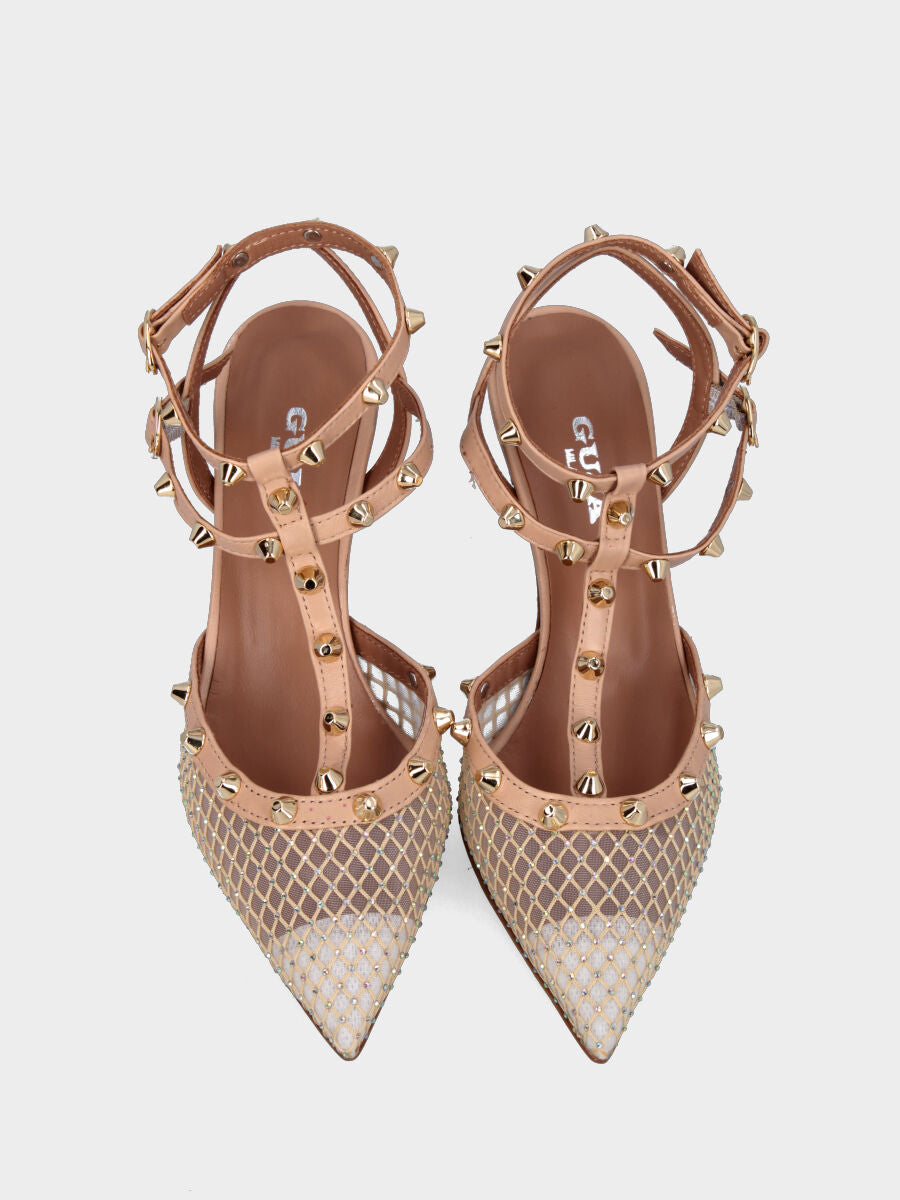 Slingback in tessuto nude con borchie e brillantini