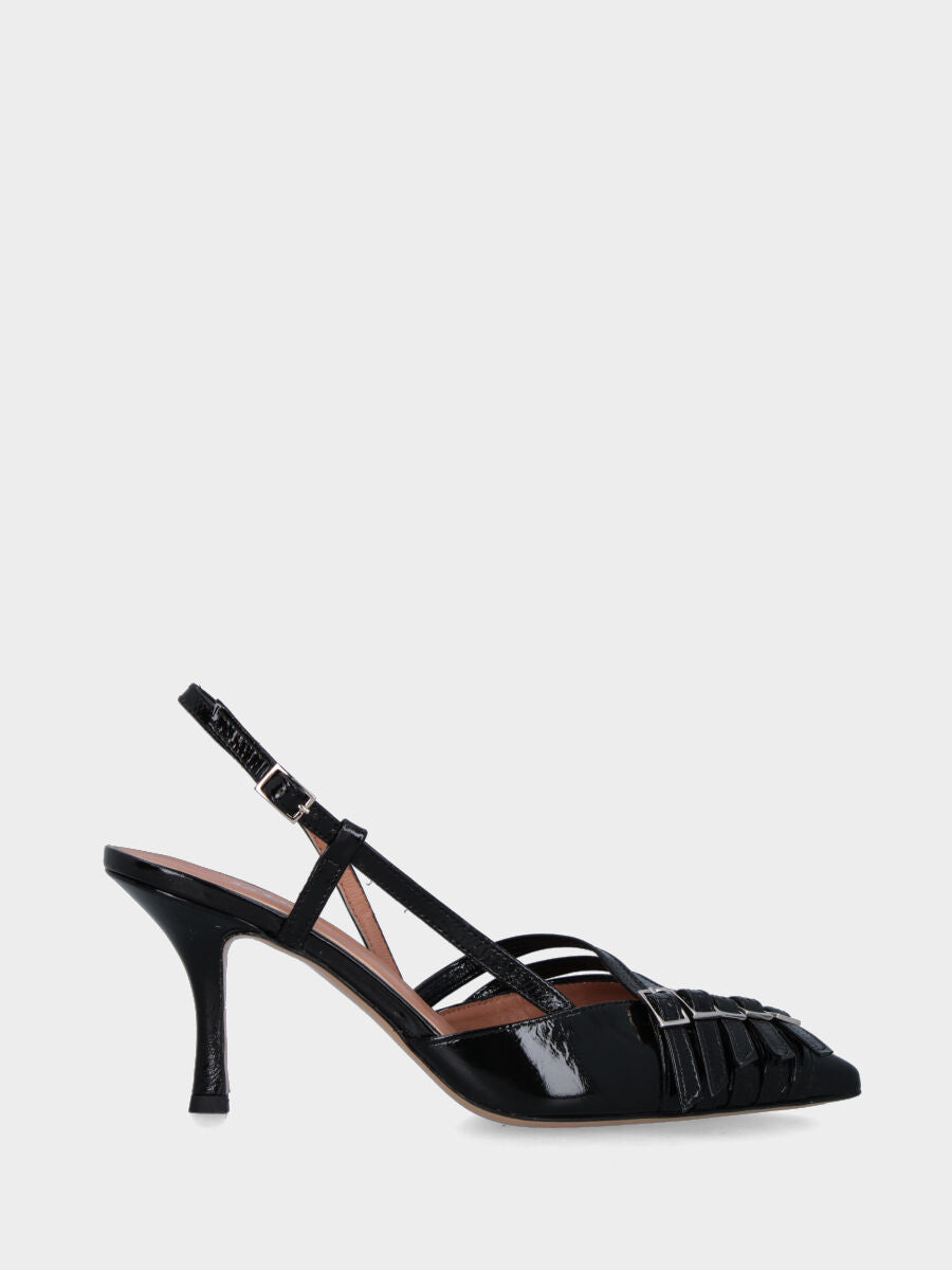 Slingback in verlux nero con cinturini e tacco a calice
