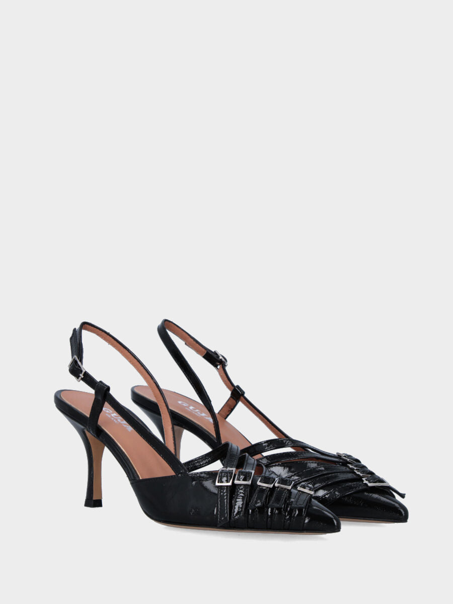 Slingback in verlux nero con cinturini e tacco a calice