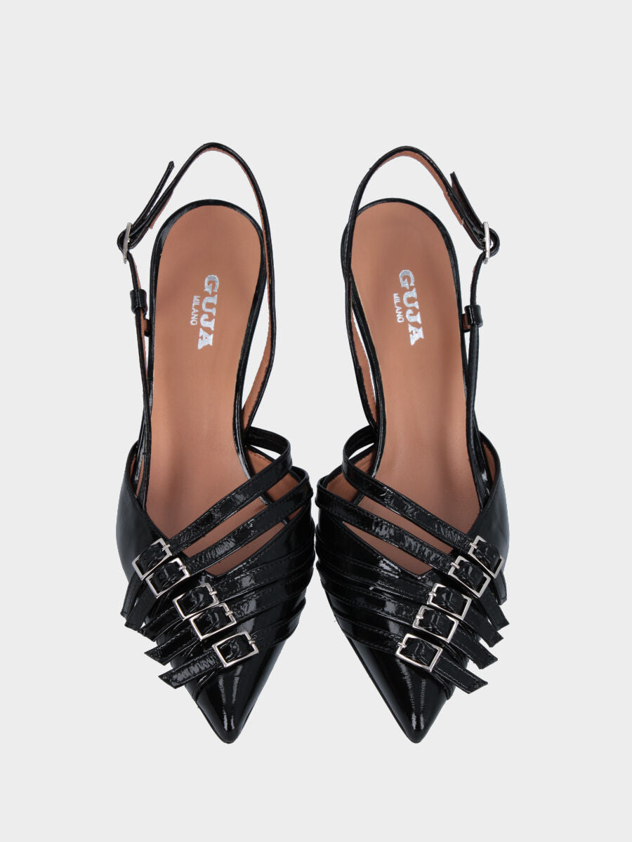 Slingback in verlux nero con cinturini e tacco a calice