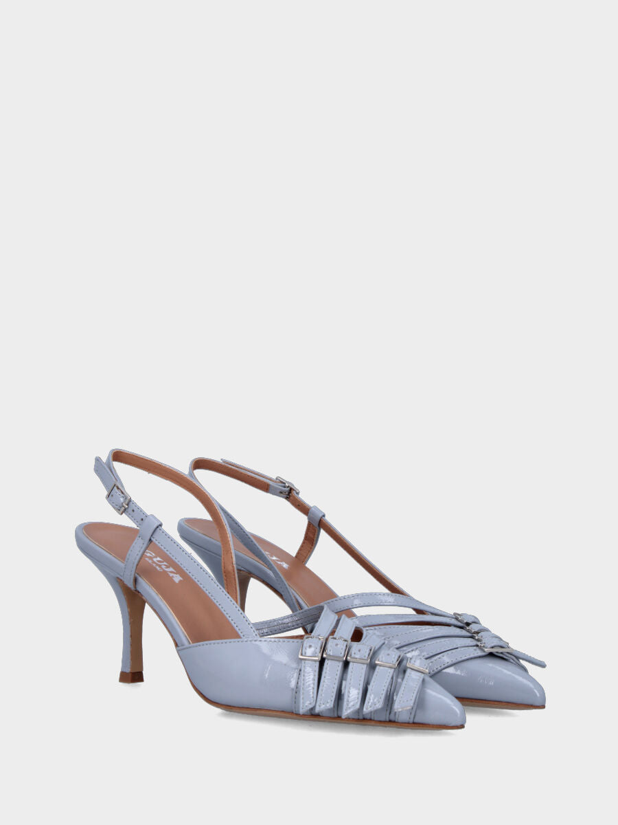 Slingback in verlux celeste con cinturini e tacco a calice