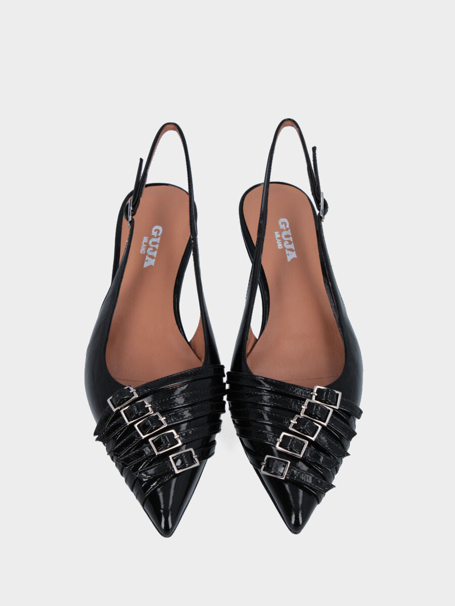 Slingback in verlux nero con cinturini in pianta e tacco semi zeppa