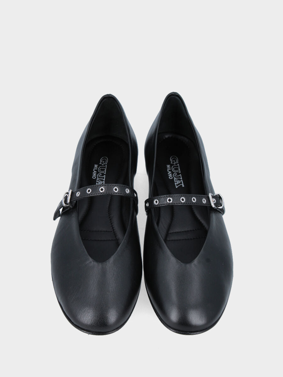 Ballerina Mary Jane in nappa nera con cinturino decorato